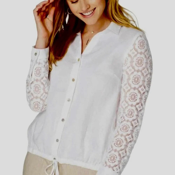 J Jill Love Linen Button Front Blouse Women Large White Lace Sleeves Drawstring - Picture 1 of 7